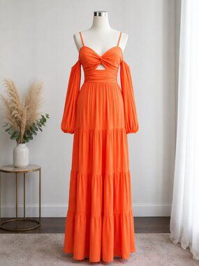 Orange Cutout Tiered Maxi Dress | Off Shoulder Long Sleeve | Flowy Boho Formal